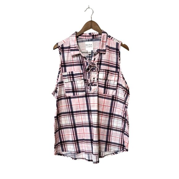 New York Laundry Tops - New York Laundry 2X Sleeveless Plaid Shirt With Lace-Up Front & Pockets Pink/Blu